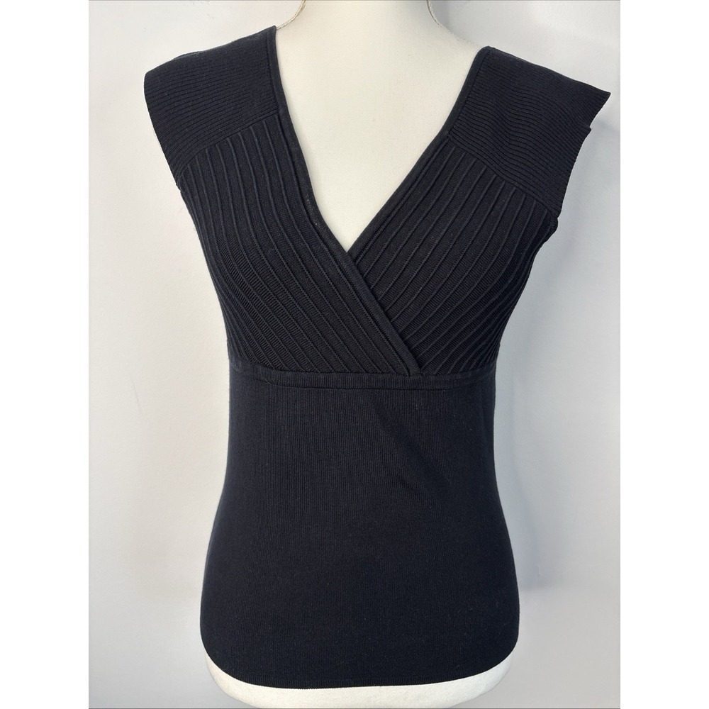 White House Black Market Womens Medium Black Rib Knit V Neck Sweater Tank Top